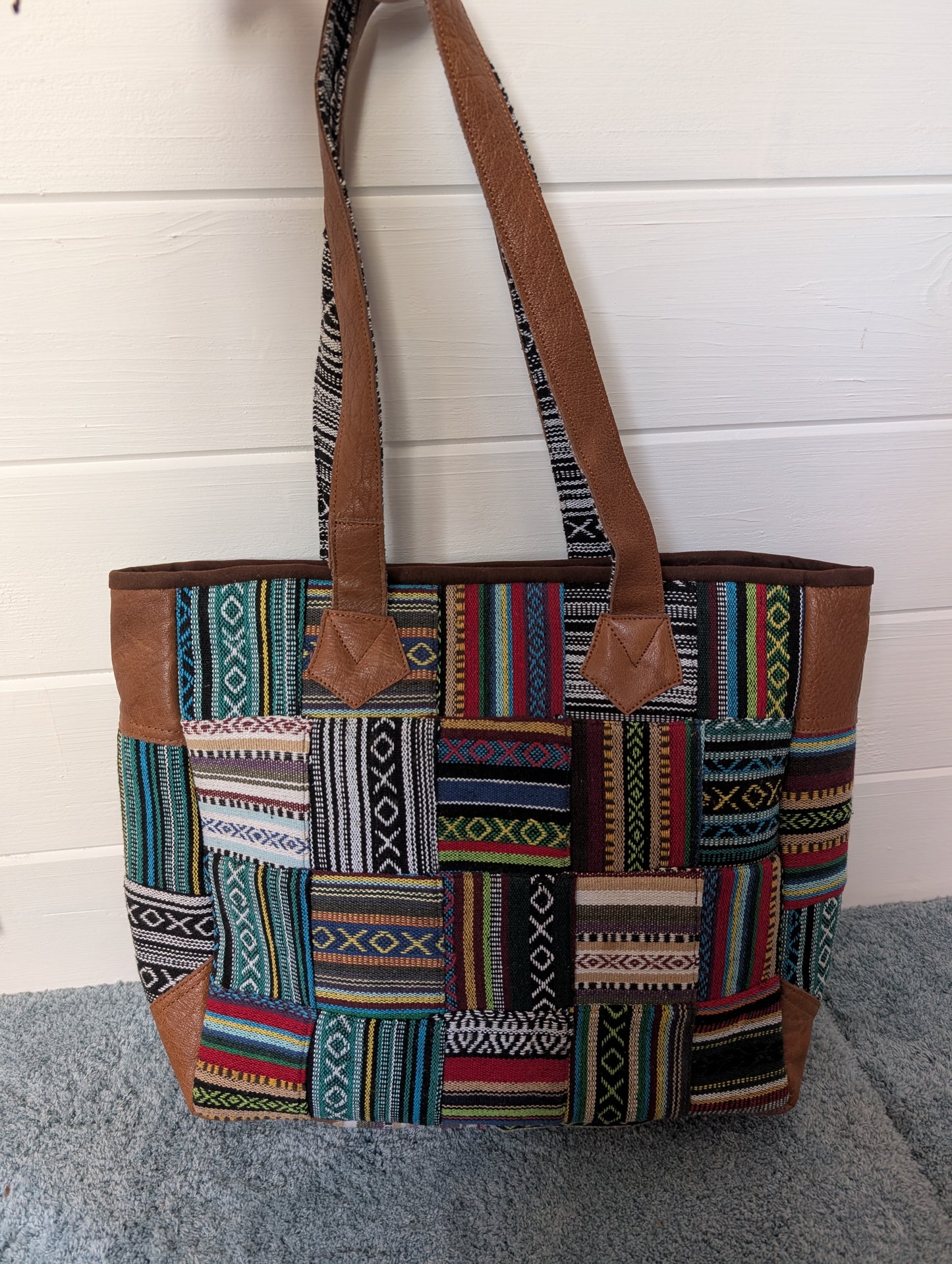 Gheri cotton patchwork boho shoulder bag with leather trim