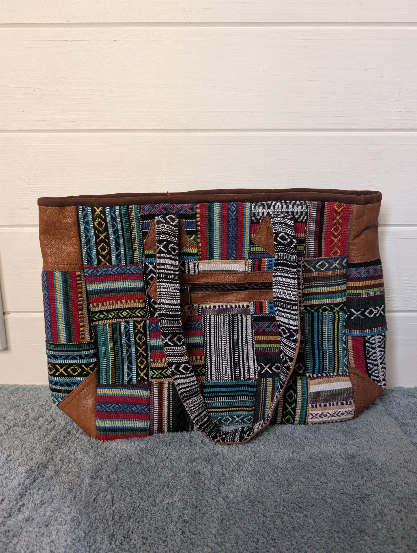 Gheri cotton patchwork boho shoulder bag with leather trim