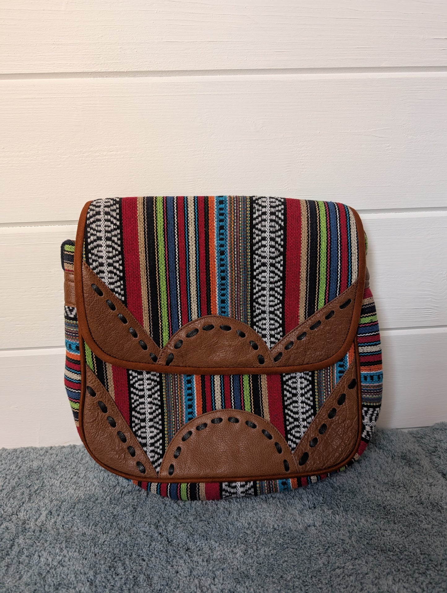 Large Gheri Cotton and leather handbag with leather stitch detail