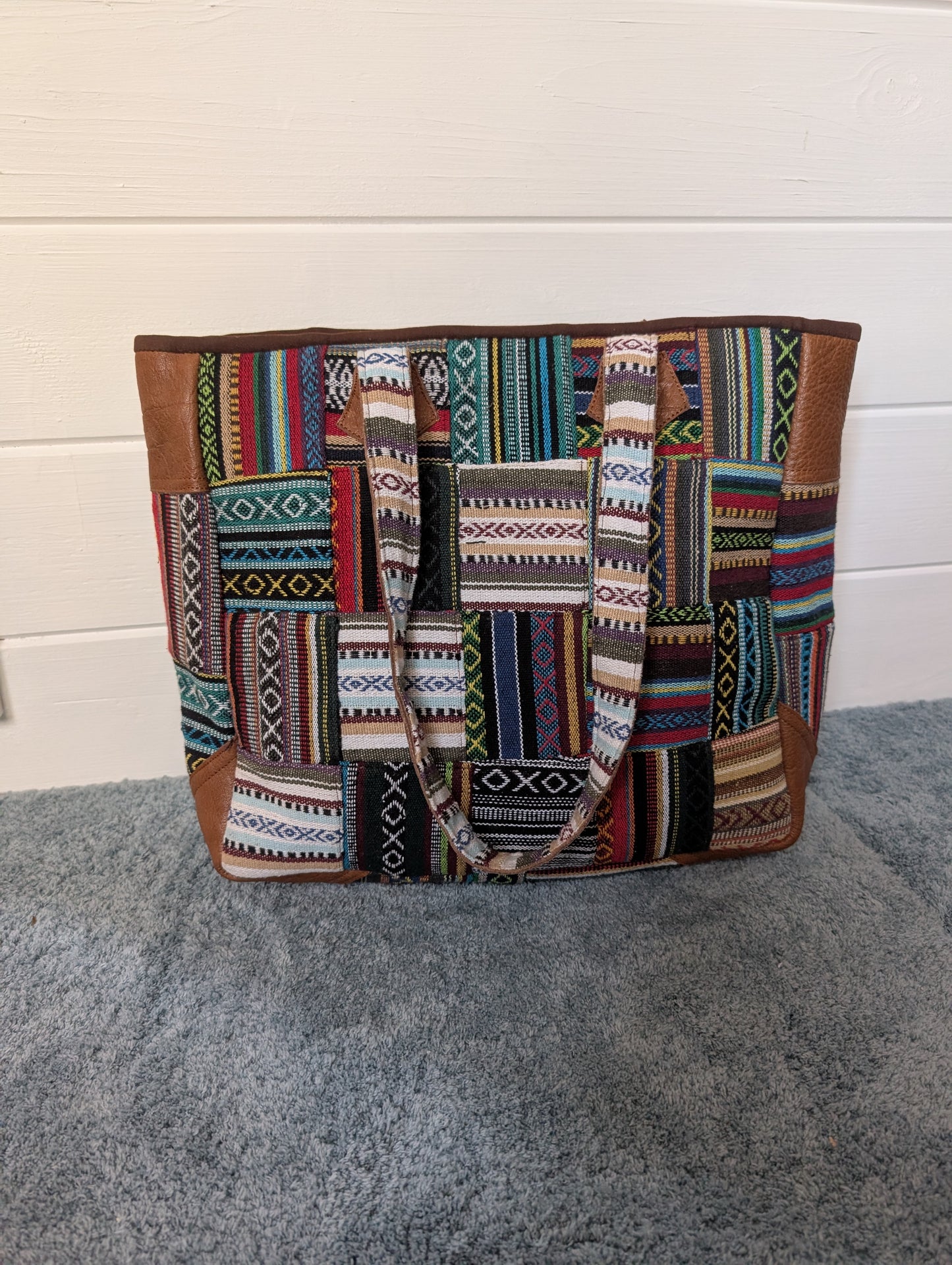 Gheri cotton patchwork boho shoulder bag with leather trim