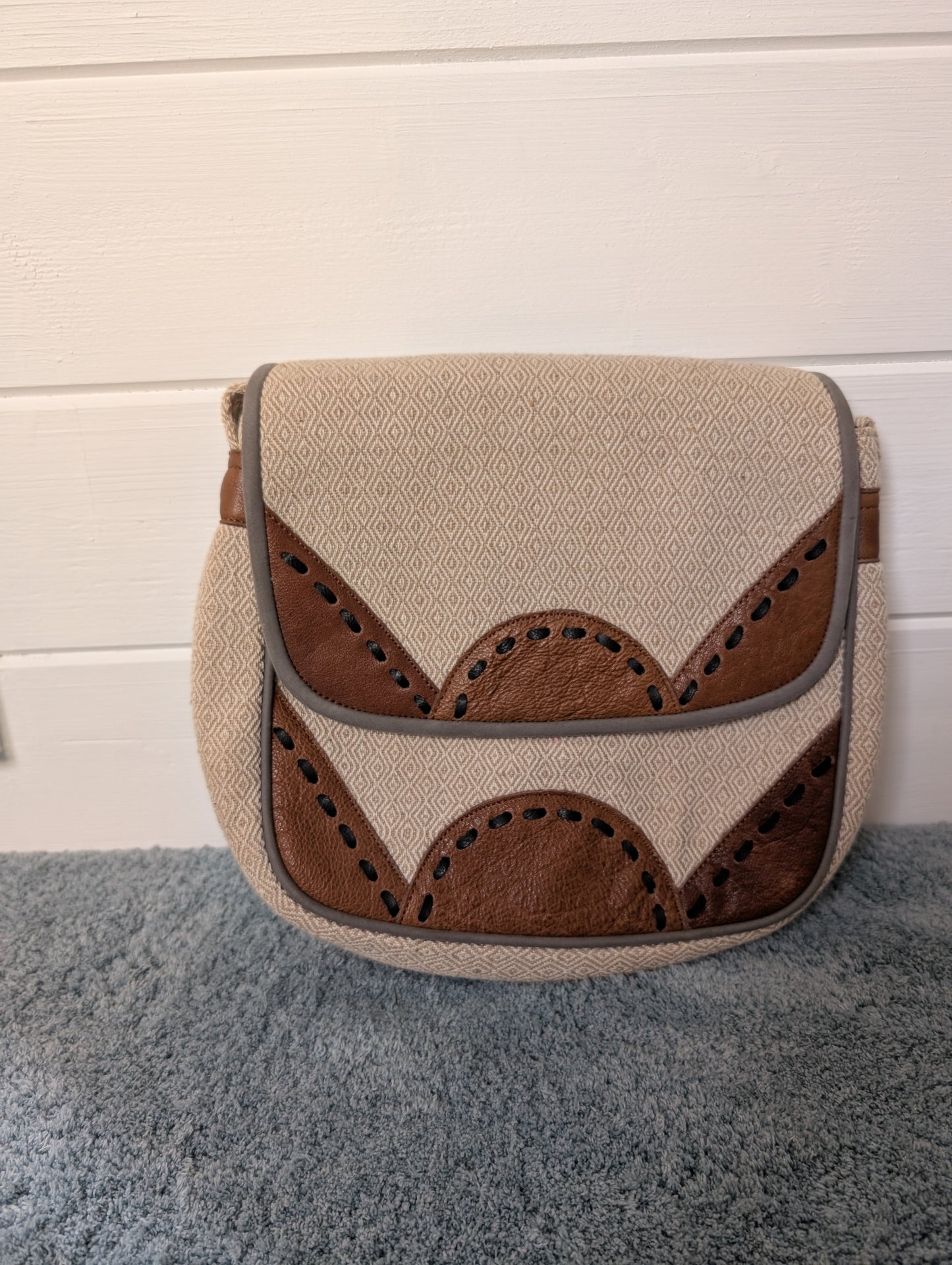 Large Gheri Cotton and leather handbag with leather stitch detail