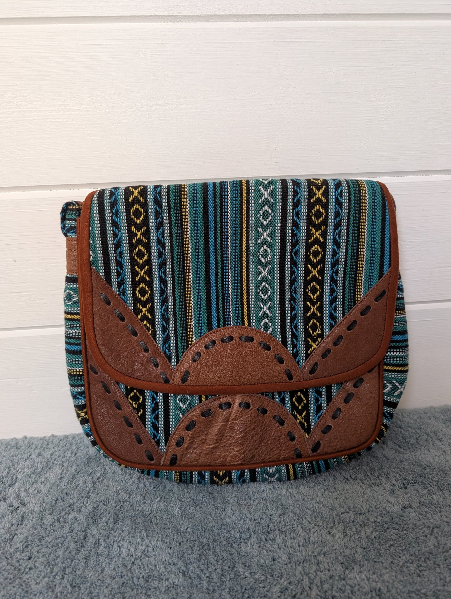 Large Gheri Cotton and leather handbag with leather stitch detail