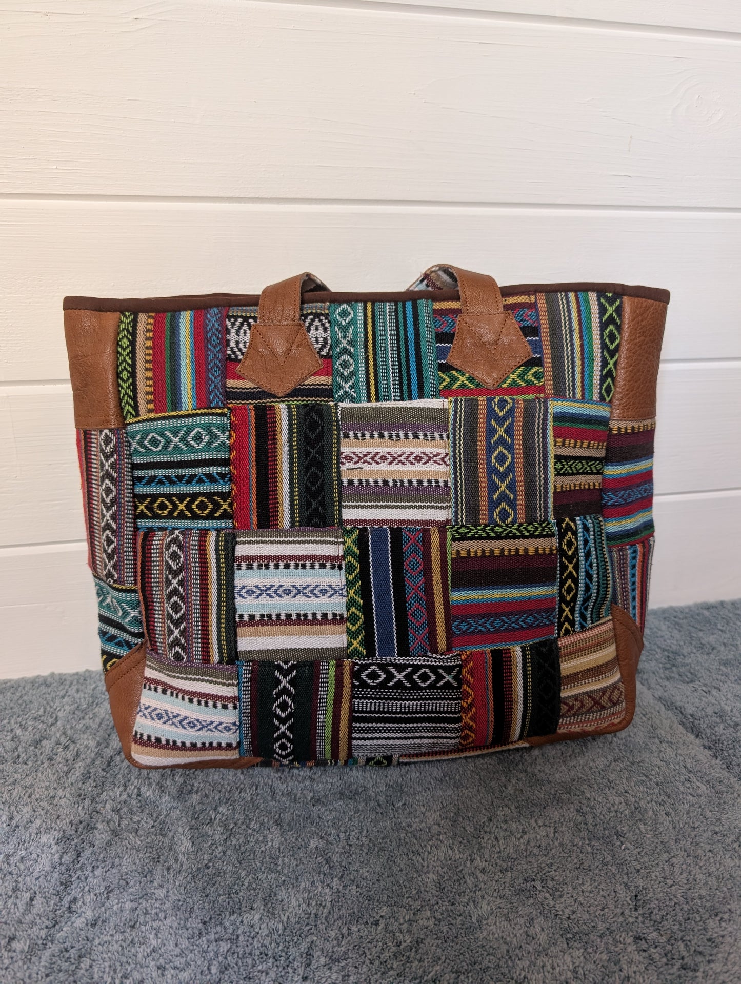 Gheri cotton patchwork boho shoulder bag with leather trim