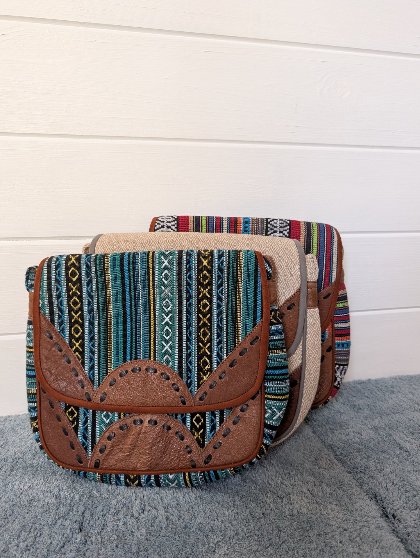 Large Gheri Cotton and leather handbag with leather stitch detail