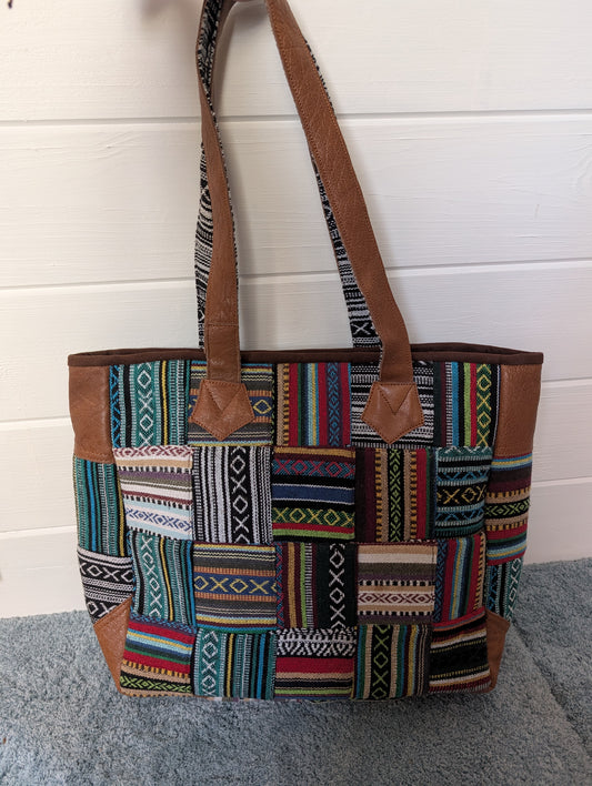 Gheri cotton patchwork boho shoulder bag with leather trim