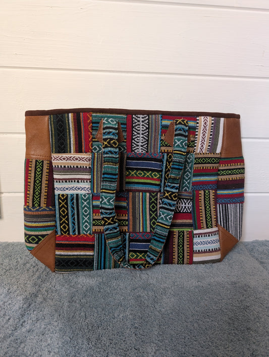 Gheri cotton patchwork boho shoulder bag with leather trim